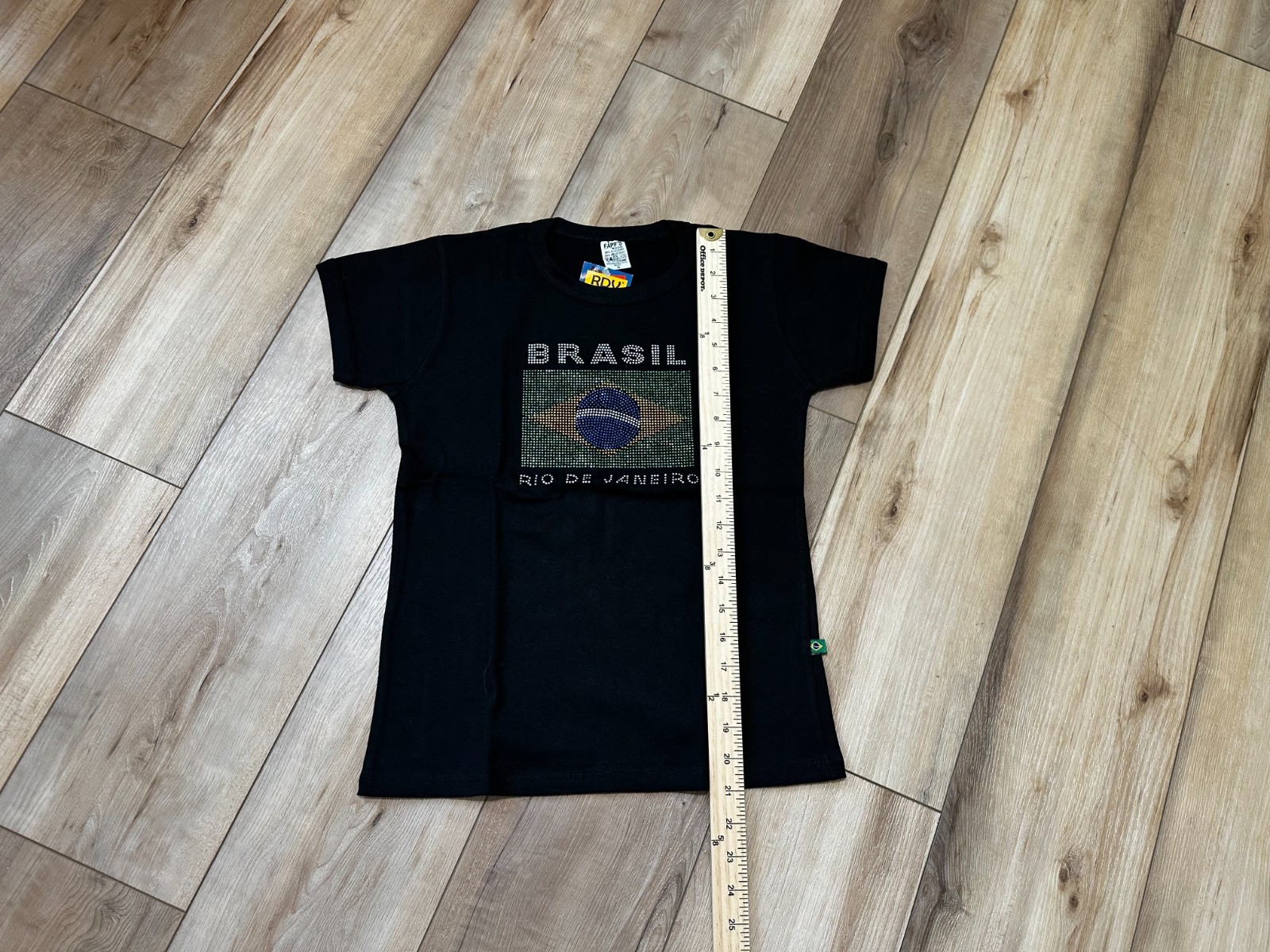 Brazil Rio de Janeiro Rhinestone Tee Shirt Black Fitted Stretch Top Made In Braz