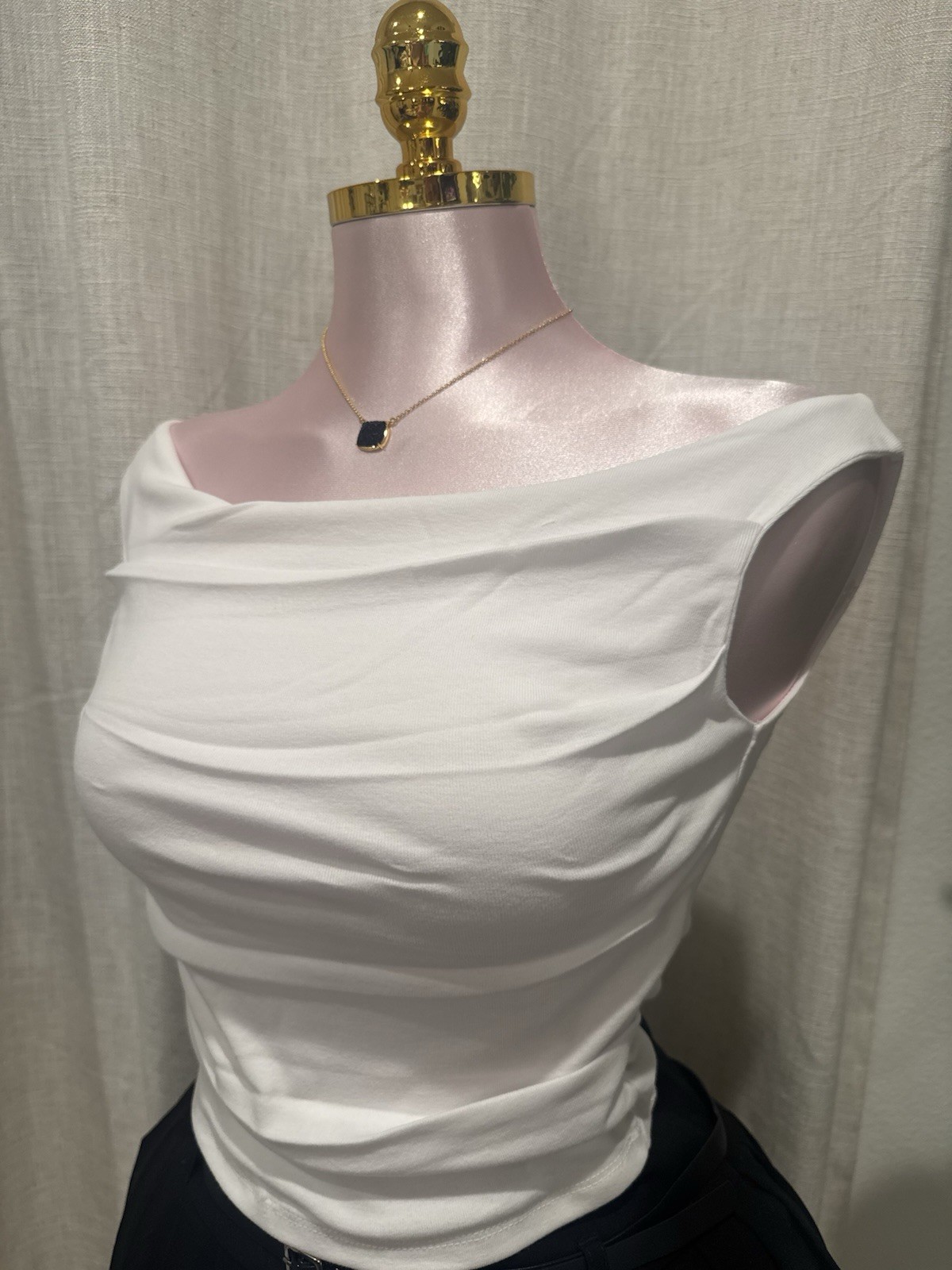 Active Basic White Ruched Sleeveless Boat Neck Stretch Knit Top Cotton Women