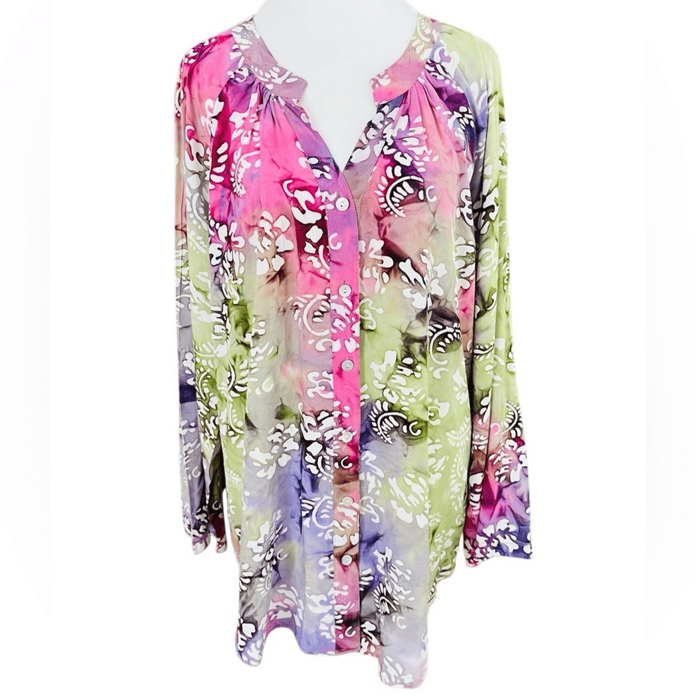 SOFT SURROUNDINGS Batik Pink Purple Green Tunic Style 2AR48 size M.
