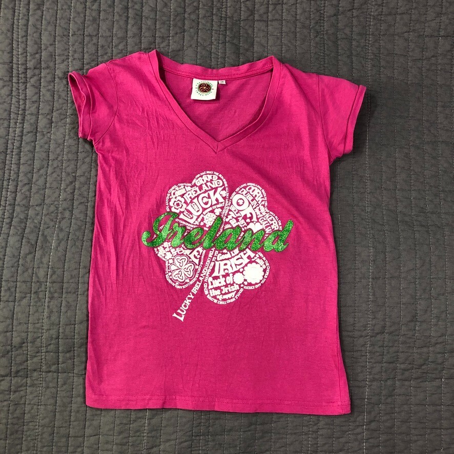 Traditional Craftwear T Shirt Women XS Pink Glitter Bling Ireland Luck Irish Tee