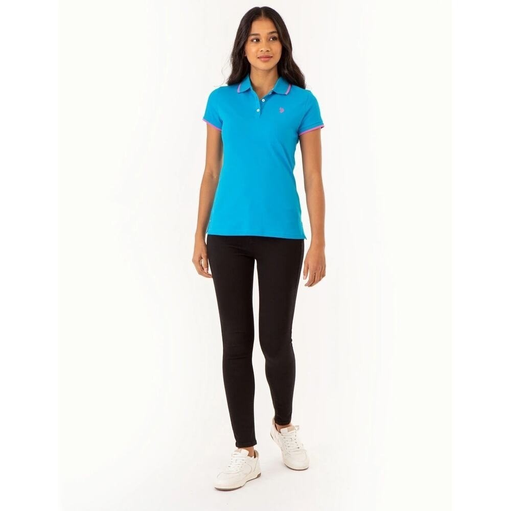 U.S. Polo Assn. Women’s Tipped Solid Polo Shirt – Color Downtown Blue – Size M