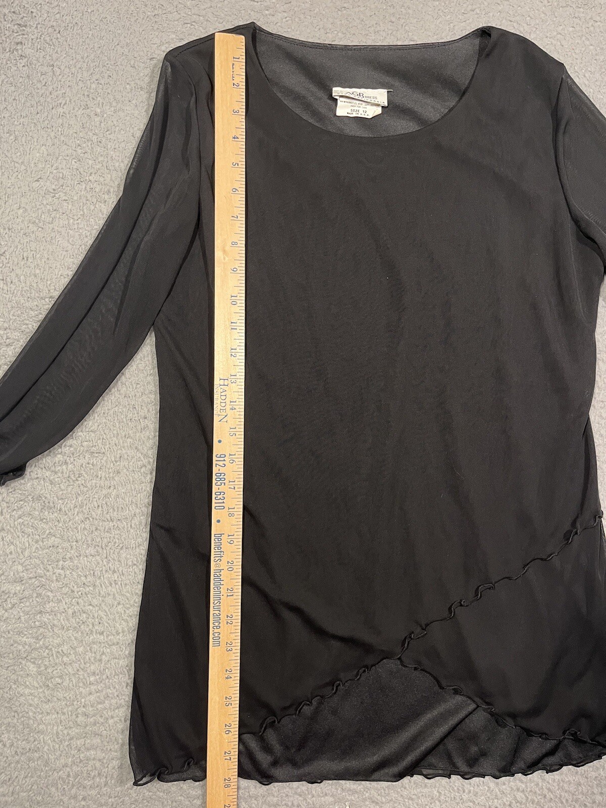 Vint Dress Womens Blouse Tunic Long Sleeve Black Sheer Size 12 Lettuce Trim