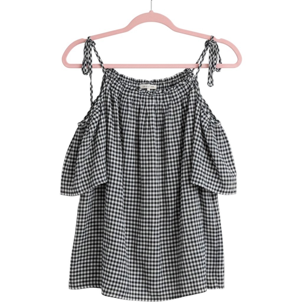 Max Studio Womens Small Black White Gingham Off Shoulder Tie Strap Top Cotton