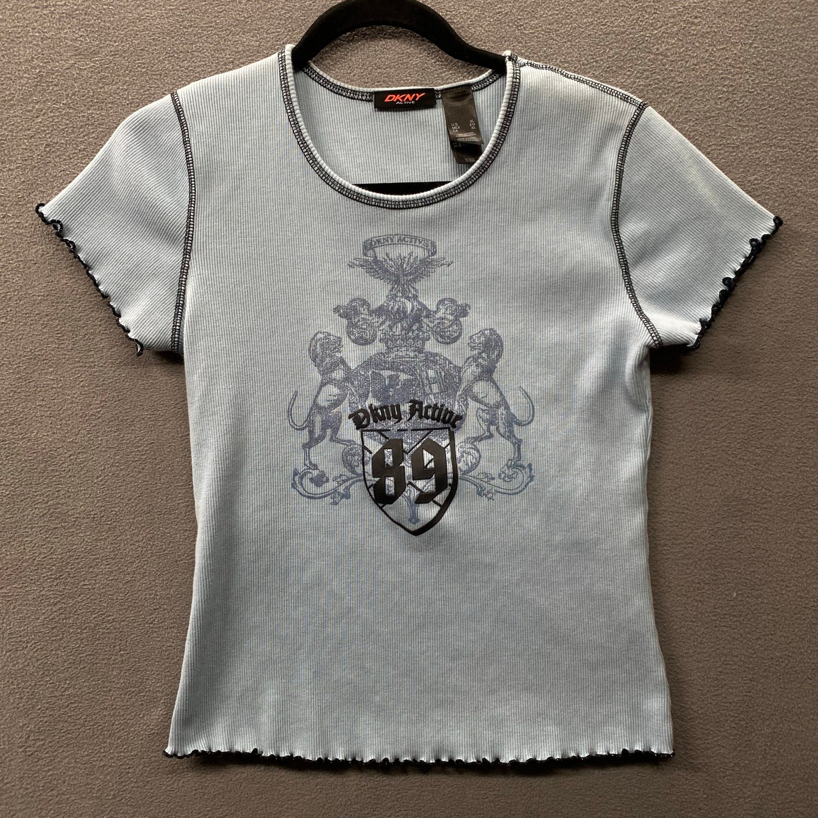 Vtg 00s Y2K DKNY Active Lettuce Hem Baby Tee XL Blue Crest Graphic Rib Knit