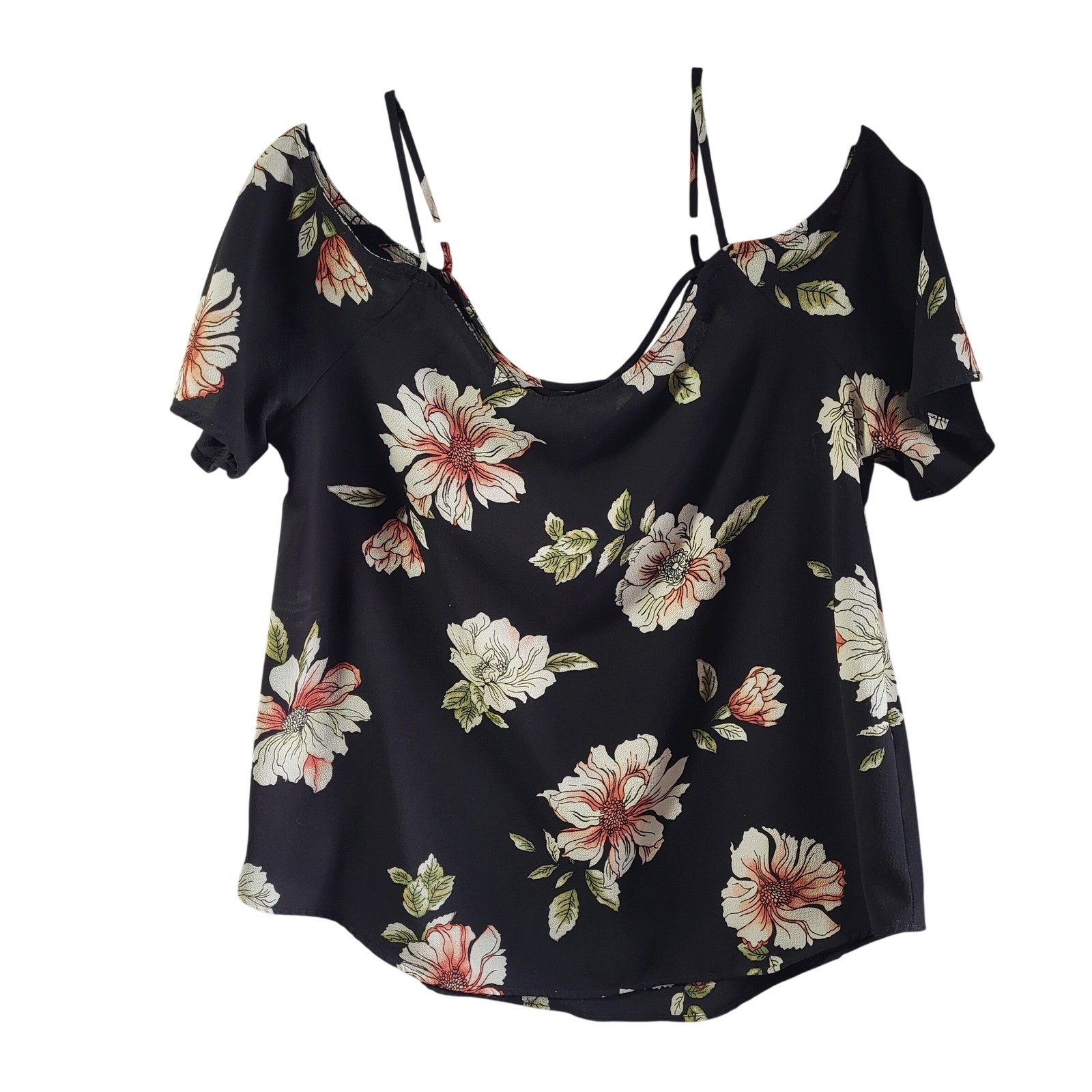 Kaileigh Black Floral Cold Shoulder Flutter Sleeve Top Women’s M Romantic Vacay