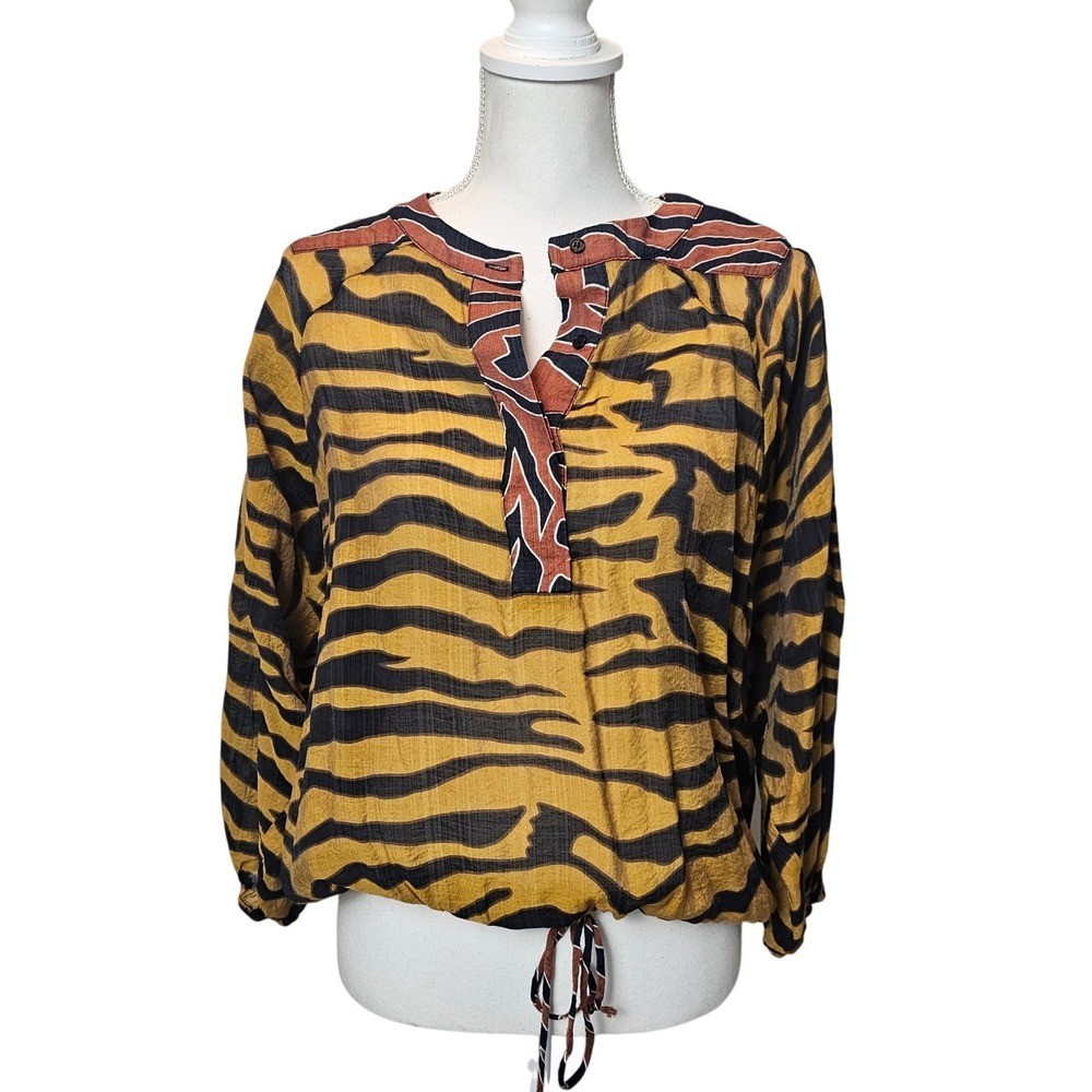 BURU Tiger Animal Print Cinch Hem Blouse – Large Statement Top 3/4 Sleeve