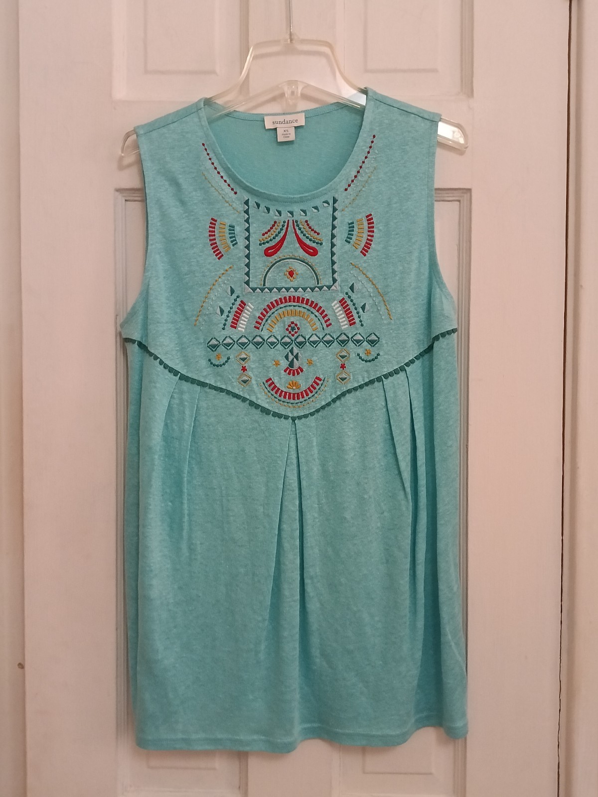 Sundance Jamma Women’s XS 100% Linen Embroidered Knit Tank Top Teal Blue A1
