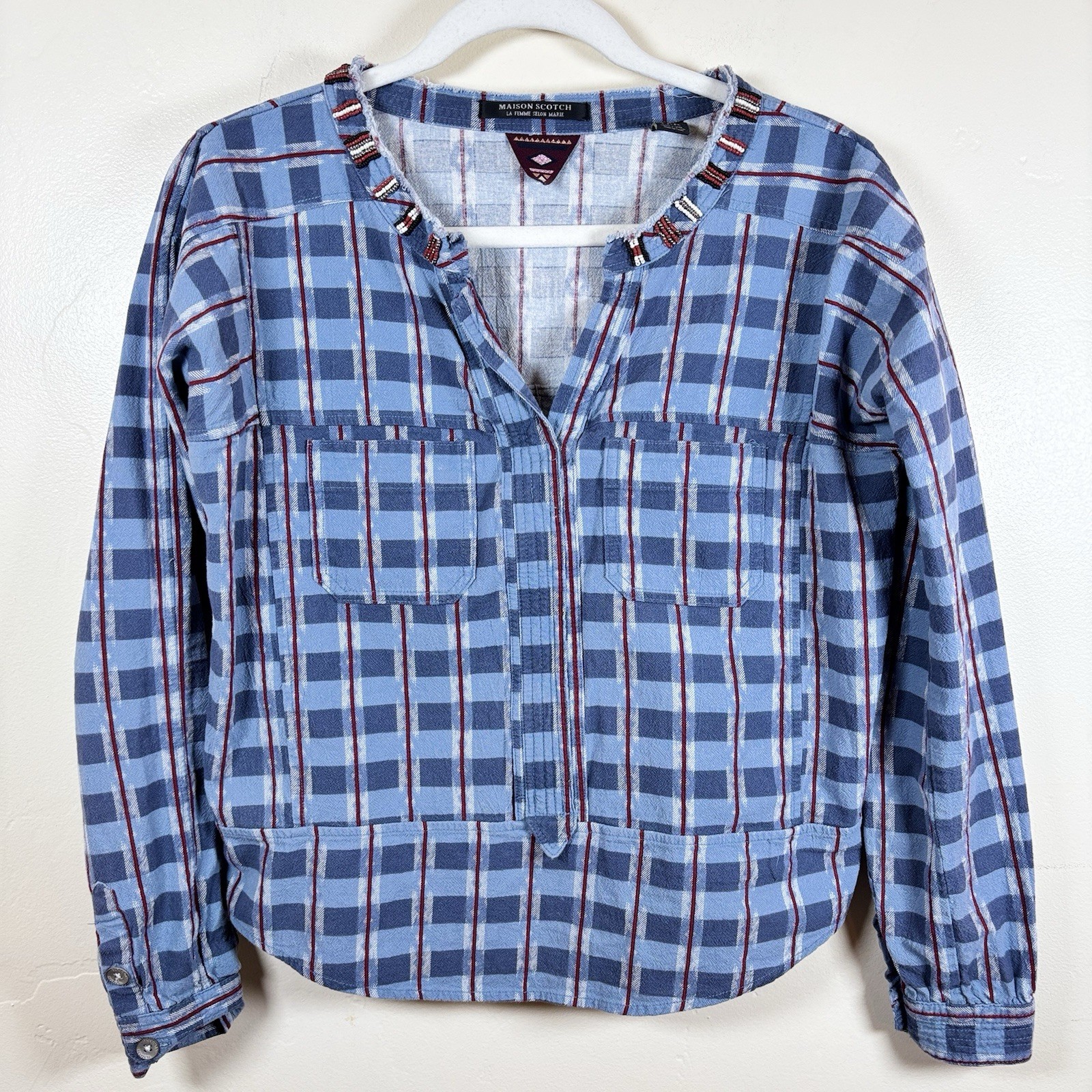 Maison Scotch & Soda Top Women’s Petite Blue Red Plaid Popover Beaded Western