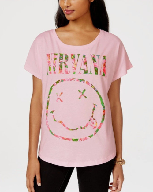 Nirvana Kurt Cobain FLORAL SMILEY FACE Pink Girls Women’s T-Shirt Official