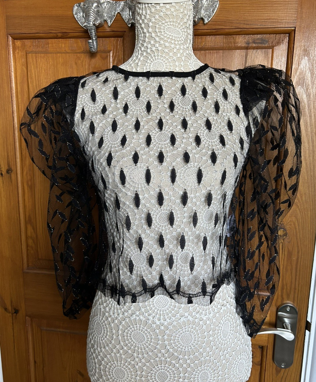Lace Leaf Mesh Puff Sleeve Top by Pink Vanilla Black Size 8 NWT (RRP £20)