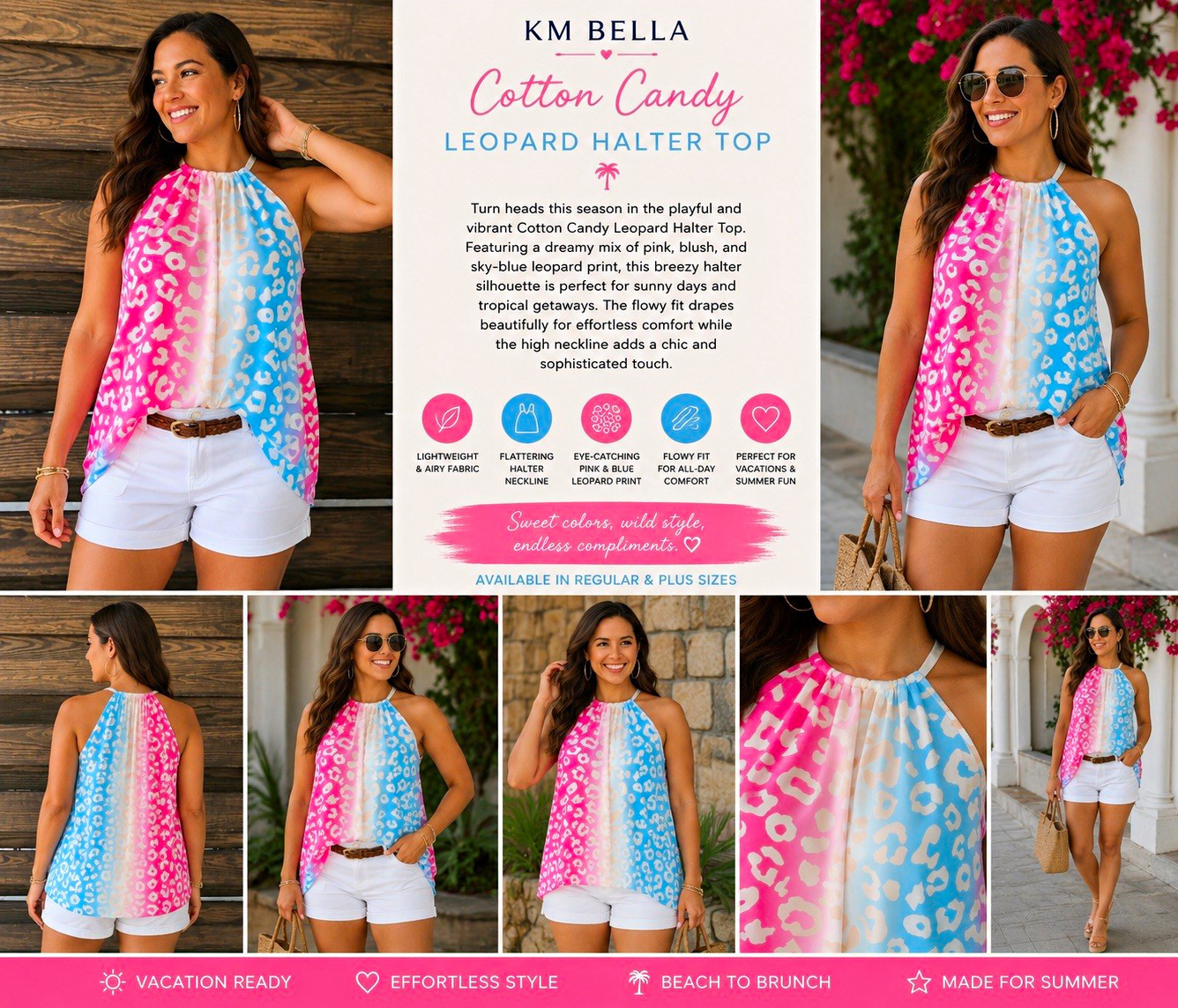 KM Bella Cotton Leopard Print Halter Top Sleeveless Pink Blue XL