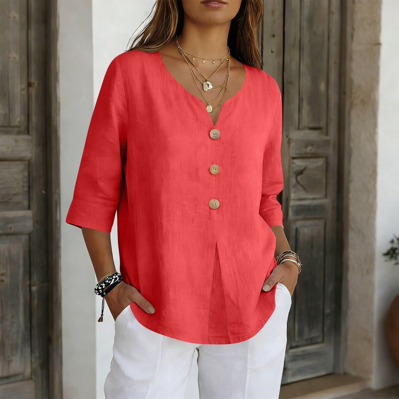Womens Linen Button Down Shirt V Neck 3/4 Sleeve Loose Fit Casual Blouse Top