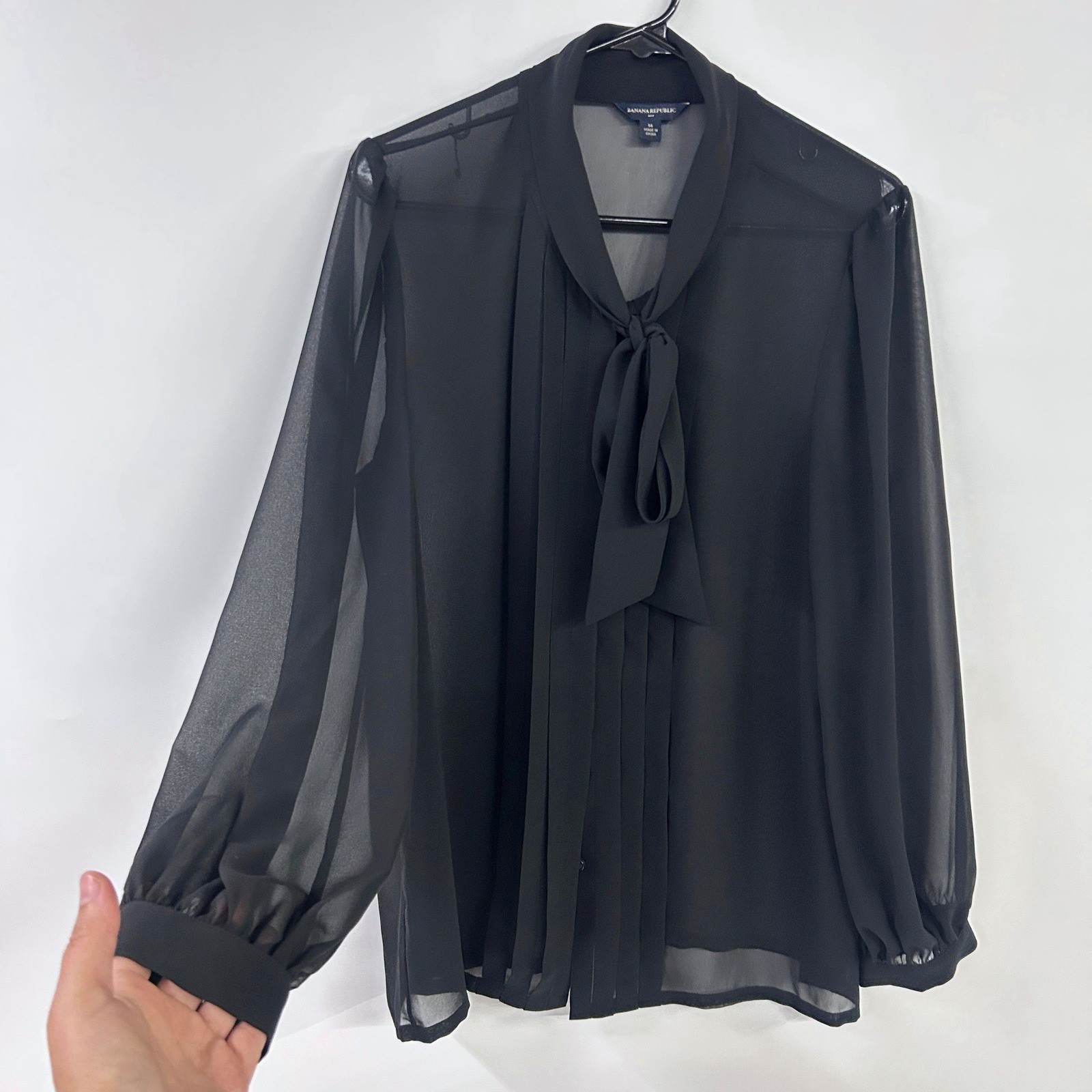Victorian Pussy Bow Sheer Pleated Blouse Black Size 14 Dark Academia Goth