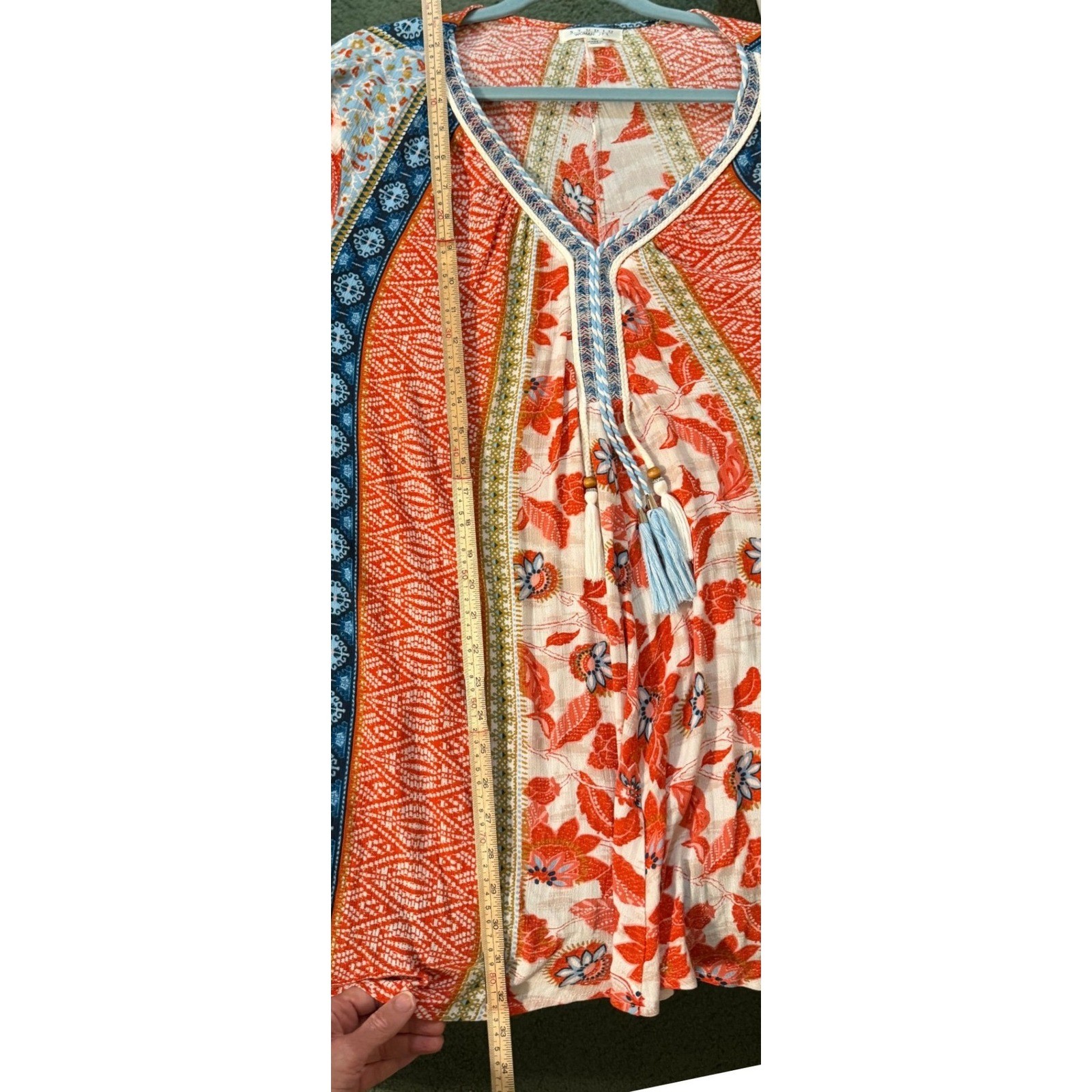 Tunic Blouse Boho Peasant Festival Ethereal 3X Orange Blue Floral Bell Sleeve