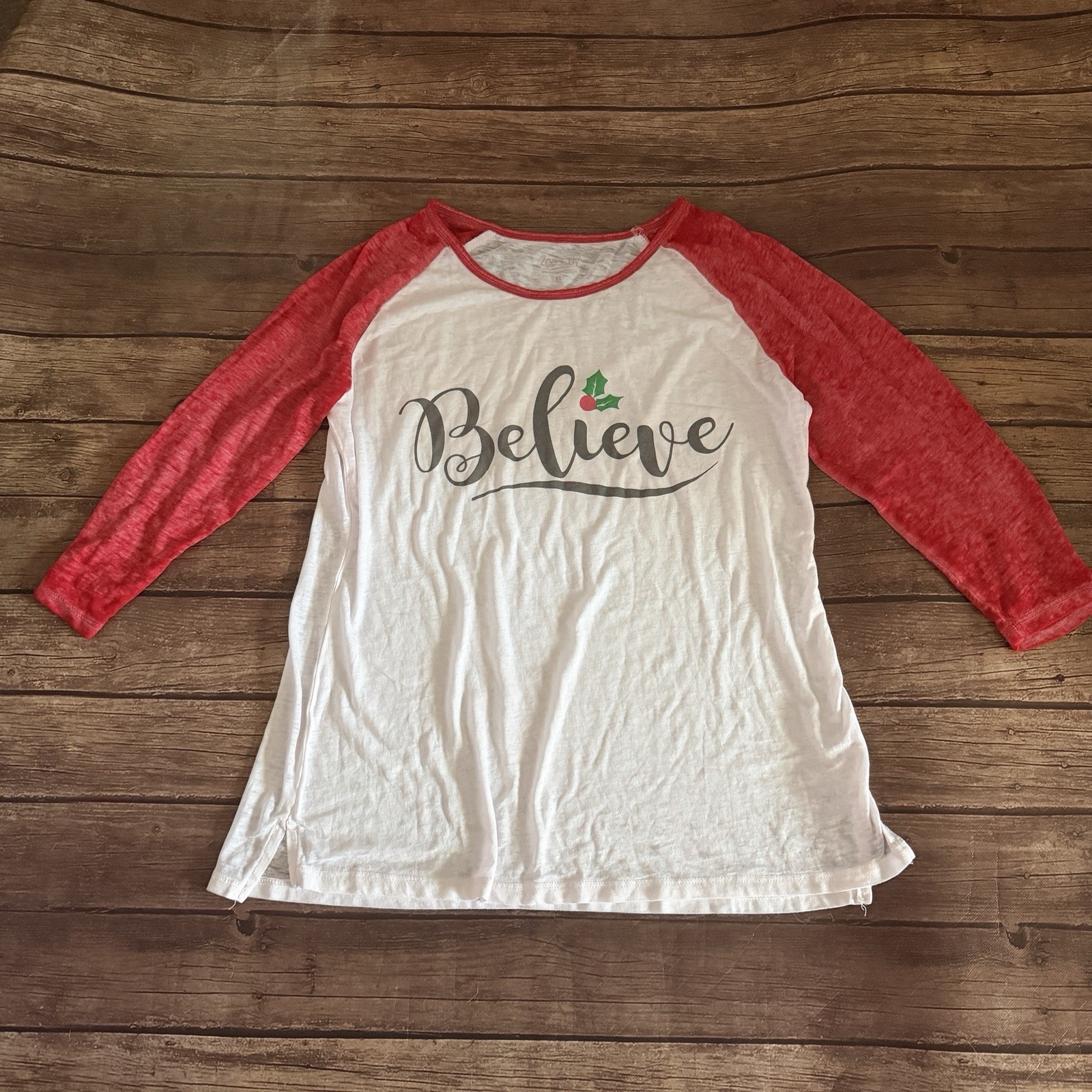 Women’s Zoe + Liv Believe Christmas Raglan Shirt XL Sheer