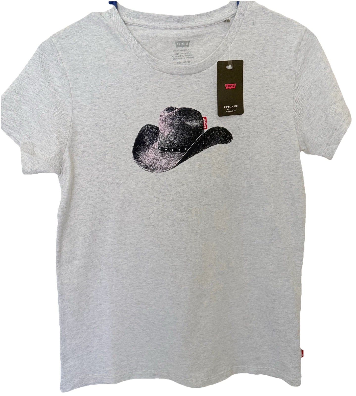 NWT Women’s Levi’s® Moody Cowboy Hat Graphic T-Shirt, Size XS, Heather Gray
