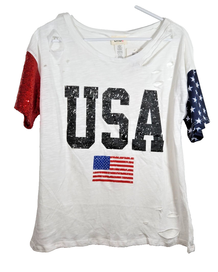 BiBi USA Flag Theme Short Sleeves Distressed T-Shirt Women’s Large Stars Sequins