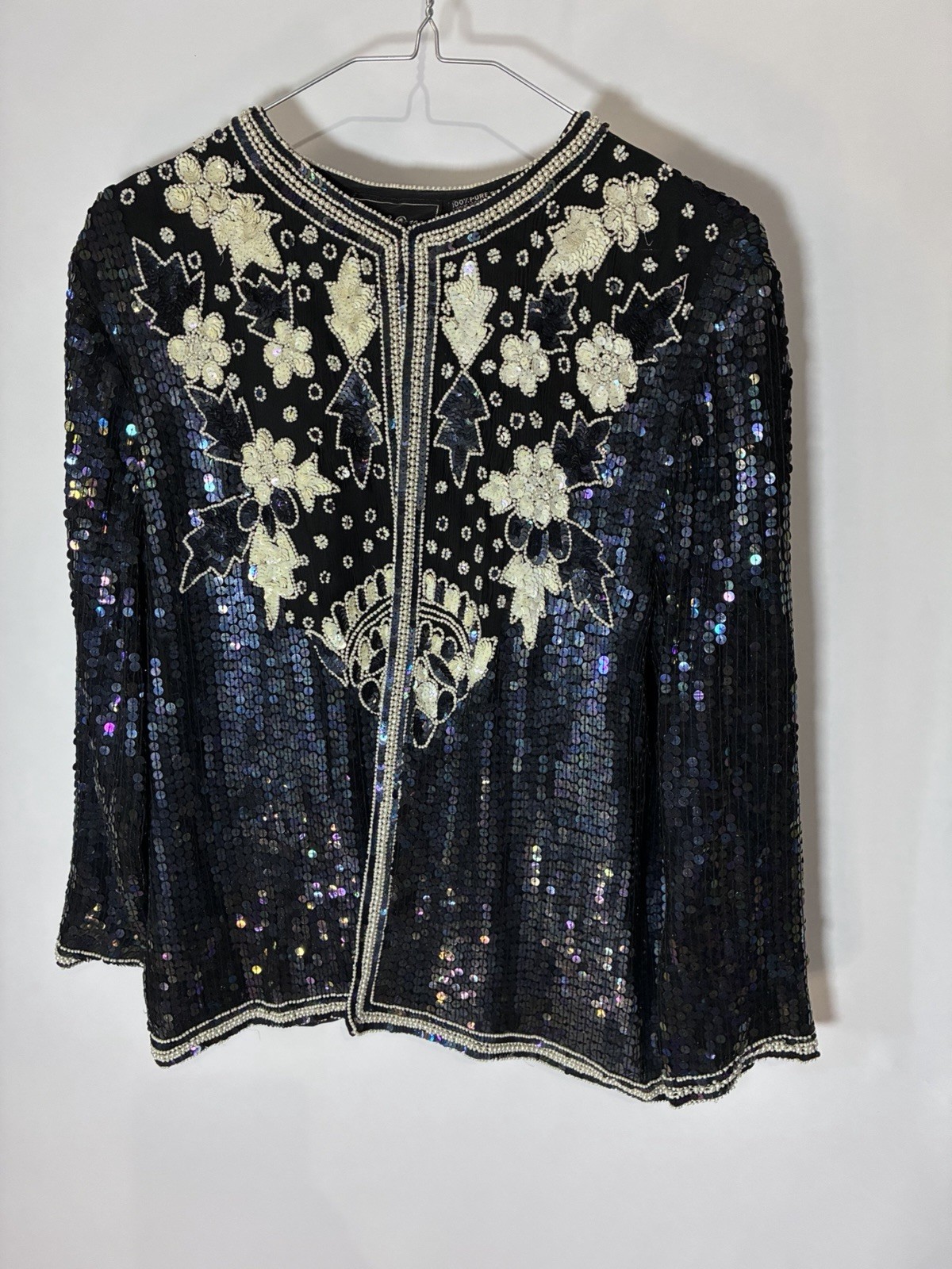 Jewel Queen Black Silk Sequin Beaded Embroidered Floral Round Neck Blouse M