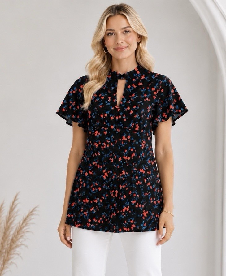 Womens Floral Flutter Sleeve Twisted Keyhole Neck Tunic Top Size 18 Stretch