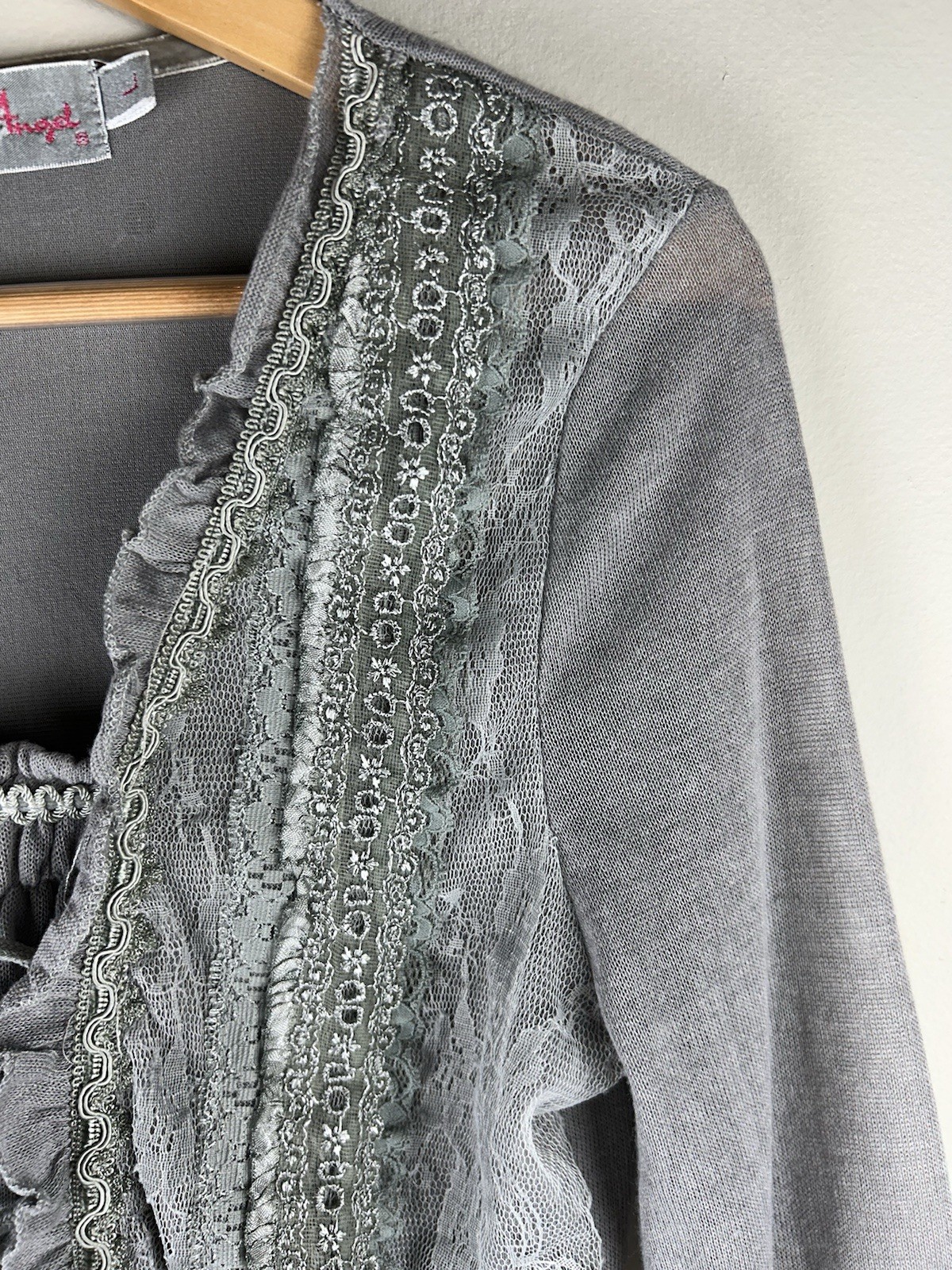 Pretty Angel Corset Style Ruffle Lace Fairy Whimsigoth Gray Sheer Sleeve Large