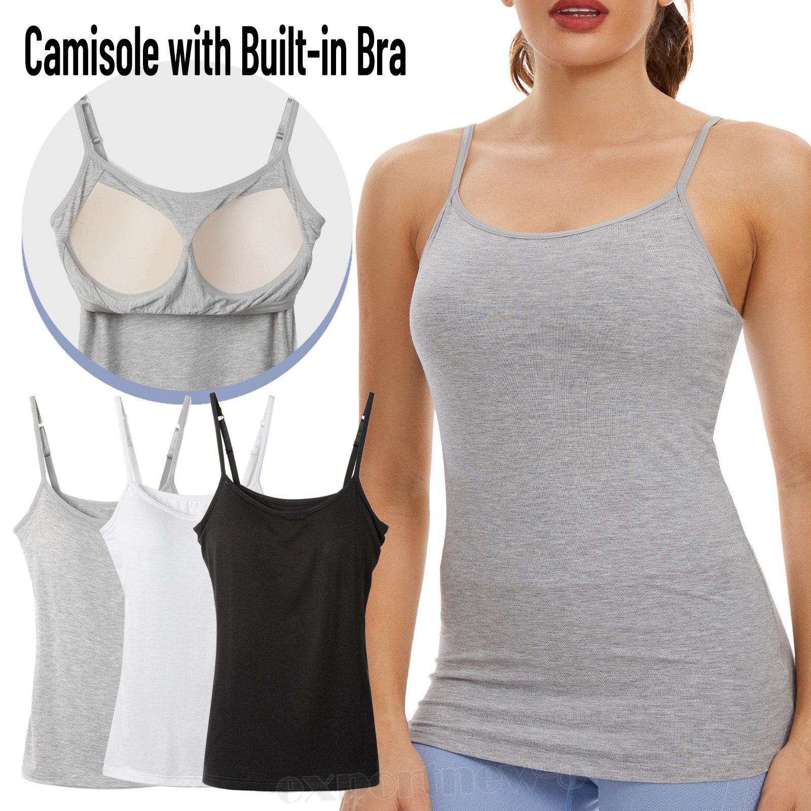 Women’s Camisole Tank Tops Basic Cami Plain with Built-in Bra Summer Tops S-3XL
