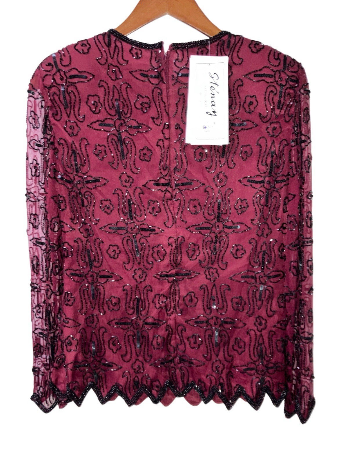 Vintage Stenay Oxblood Burgundy Maroon Black Sequin SILK Blouse Beaded Small NWT