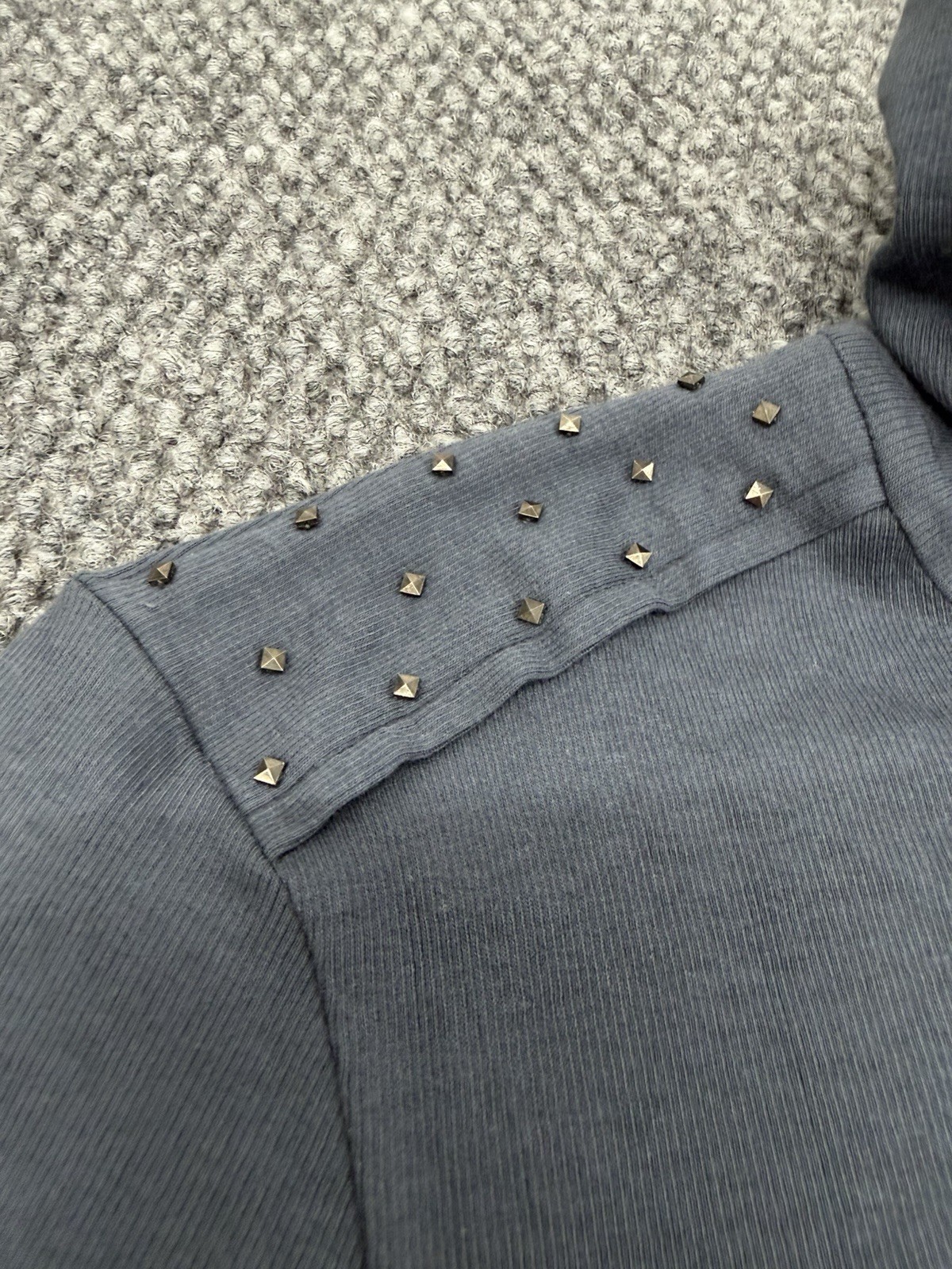Brunello Cucinelli Women’s Large Navy Blue Studded Shoulders Mock Neck Top Shirt