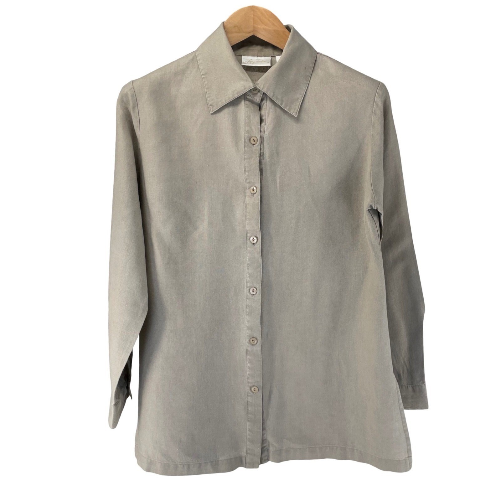 Lucy Pereda Button-Up Shirt Women’s L 100% linen Sand Color Coastal Summer Chic