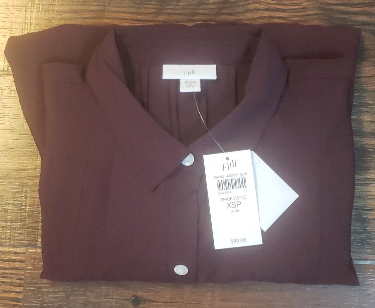 J. Jill Pleated Button‑Front Tunic Thigh Length Long Sleeve Spiced Wine XSP NWT