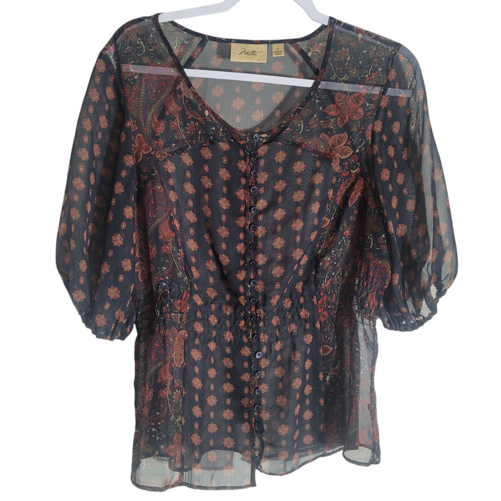 Motto Sheer Button Up Balloon Sleeve Smocked Waist Blouse Womens Small Black Y2K