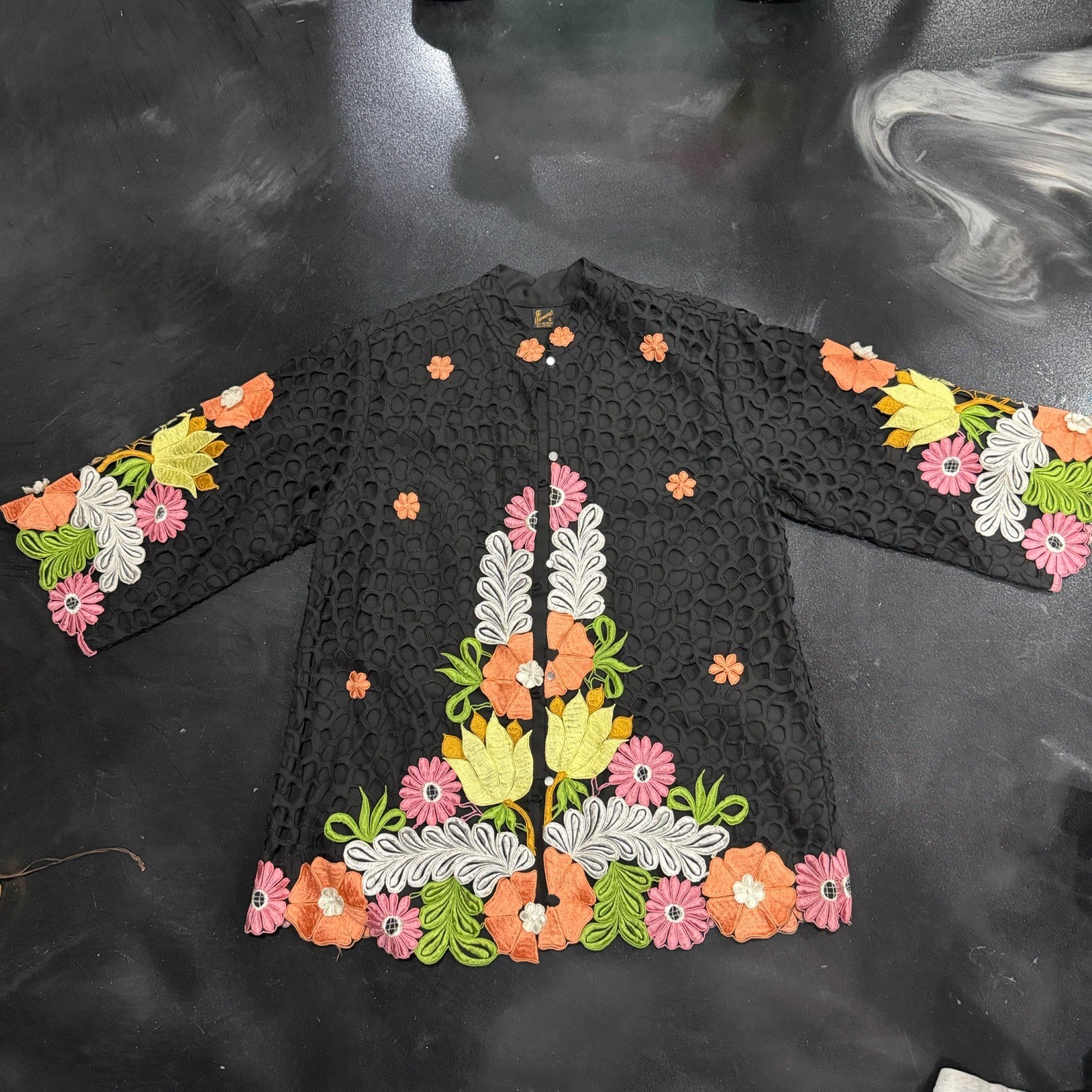 Vintage Queen of Caro of Honolulu Rosemary Black Floral Embroidered Button-Up