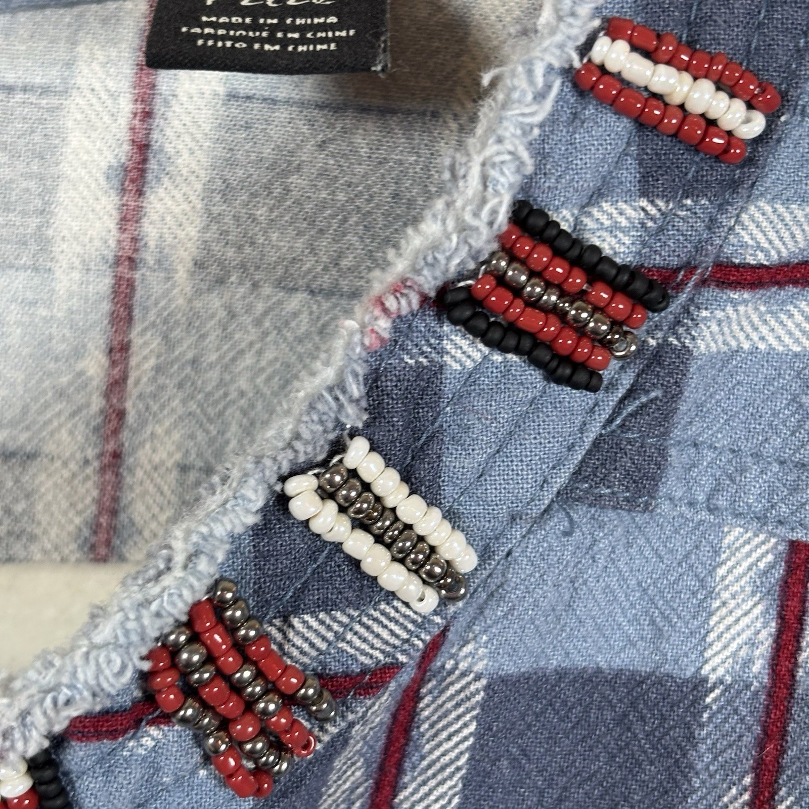 Maison Scotch & Soda Top Women’s Petite Blue Red Plaid Popover Beaded Western