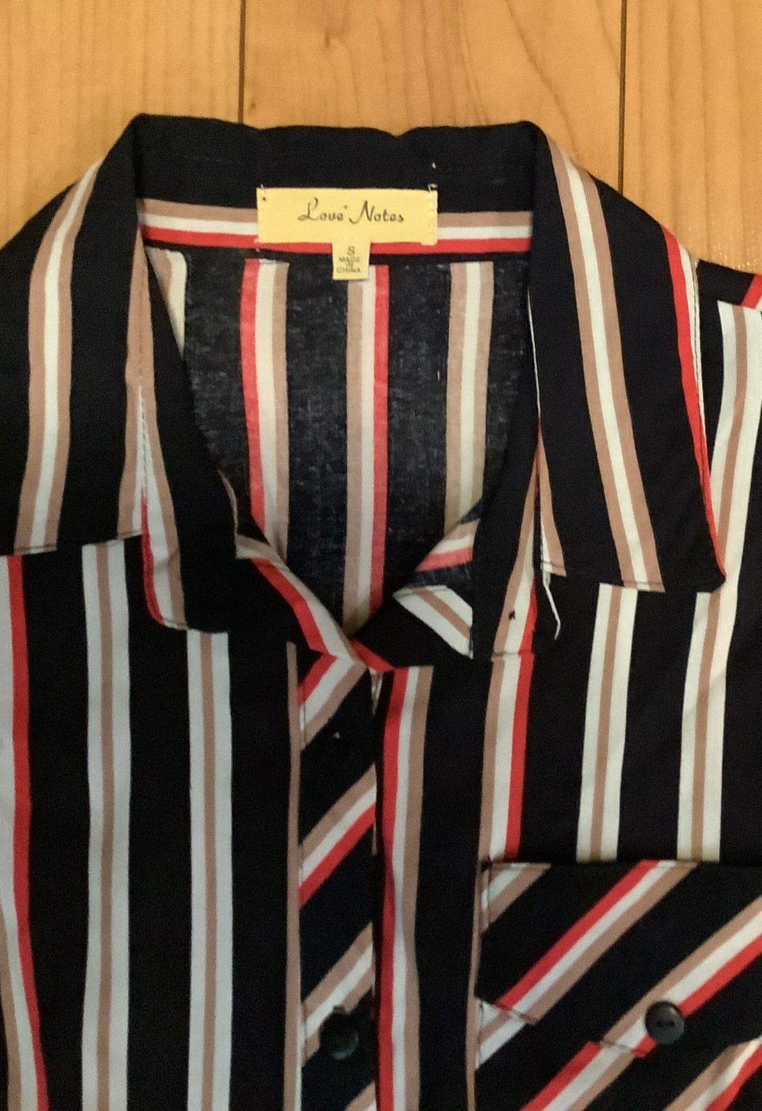 Women’s LOVE NOTES Blue Red White Long Sleeve Rayon Blouse Size S, Tie Bottom