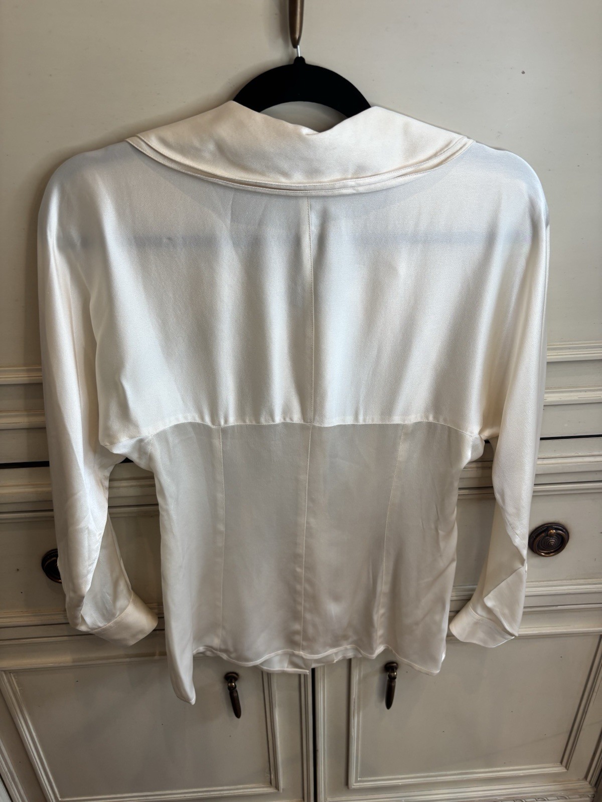 Chanel Vintage Silk Cream Blouse Gold Button Front Double Collar Old Money Vibe