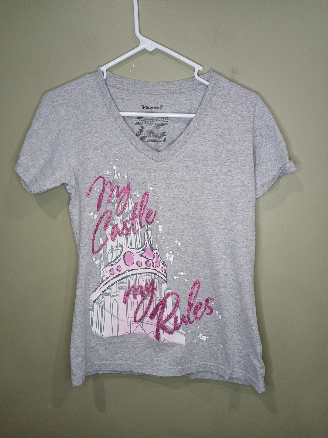 Disney Store Women’s Small Gray V Neck MY Castle MY Rules Glitter T-shirt WDW