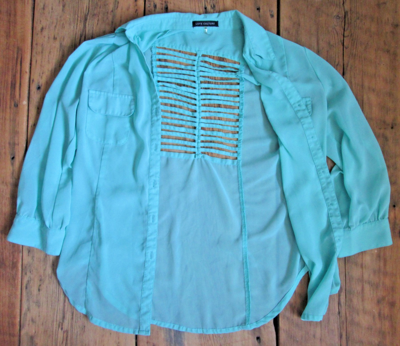 Love Culture Women’s Large Blouse Shirt Sheer Blue Button Roll Tab Cut Outs Back