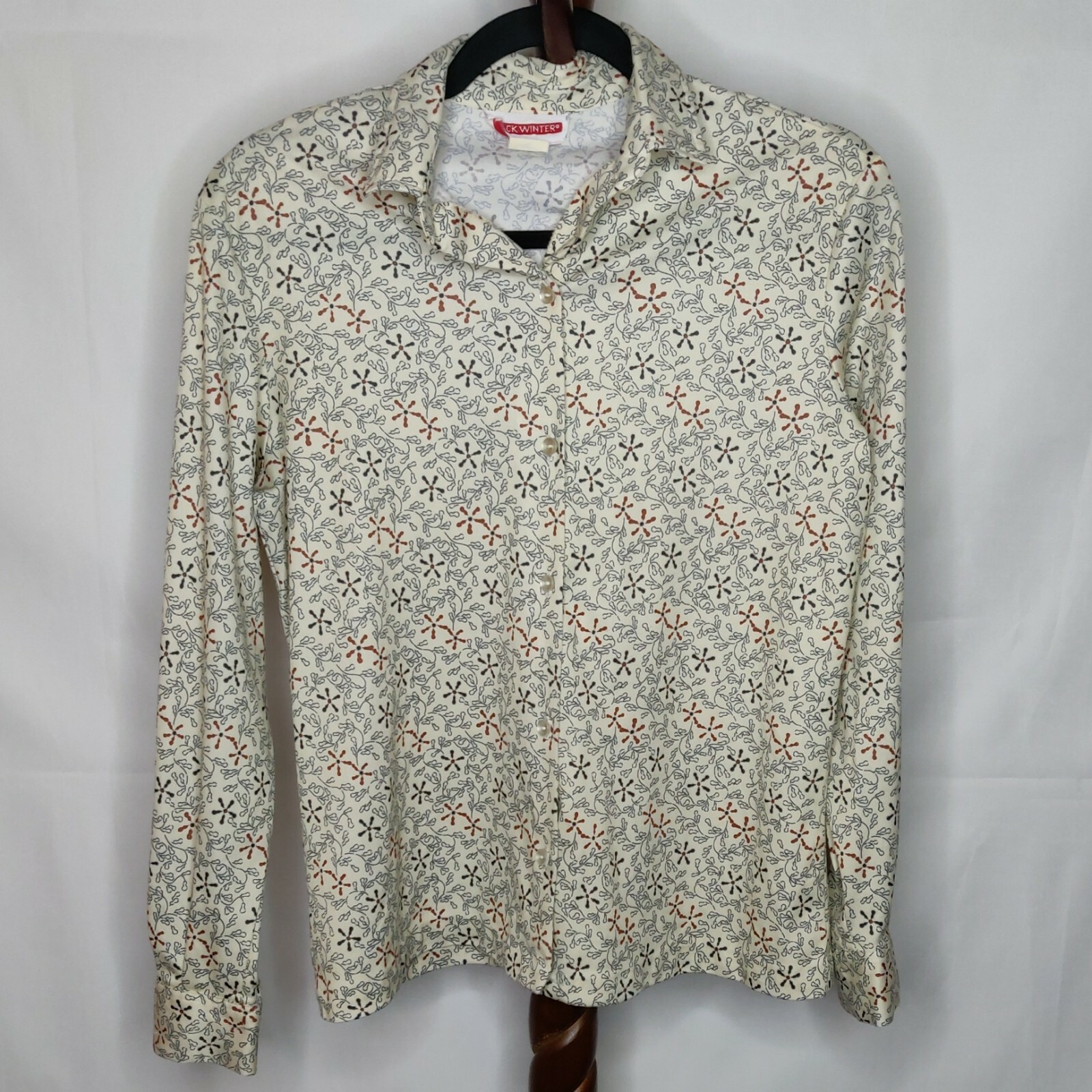 Jack Winter women’s L? shirt tan multicolor print collar button up long sleeves