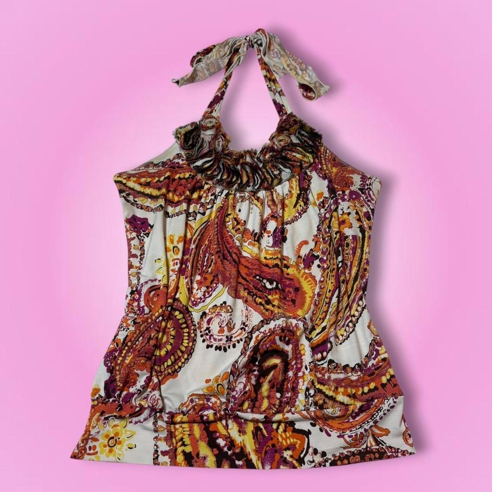 Y2K Soulmates White & Orange Paisley Ruffled Halter Tie Babydoll Top