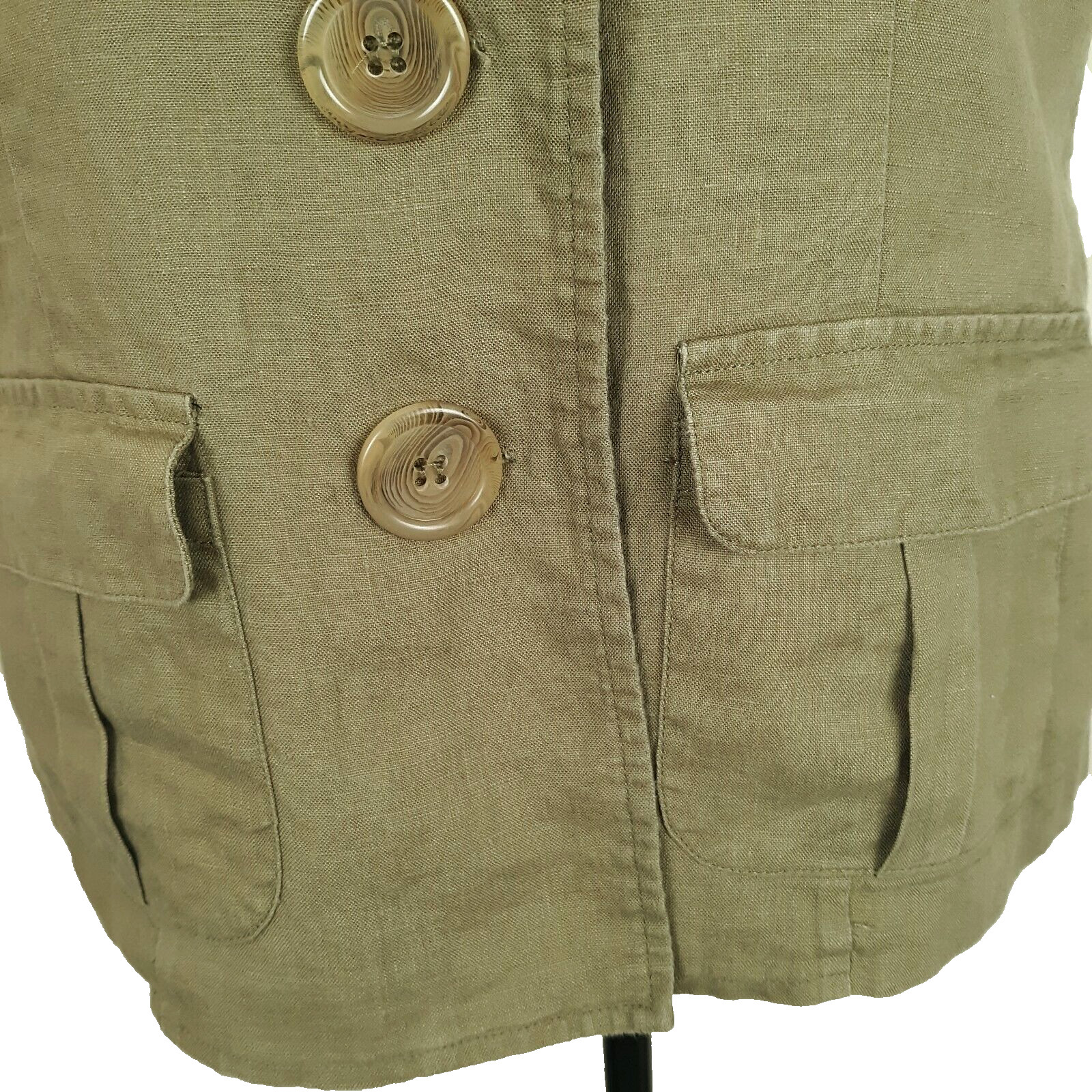 Mandarin Blue 100% Linen Top Women’s Medium Buttons Multi Pocket Military Green