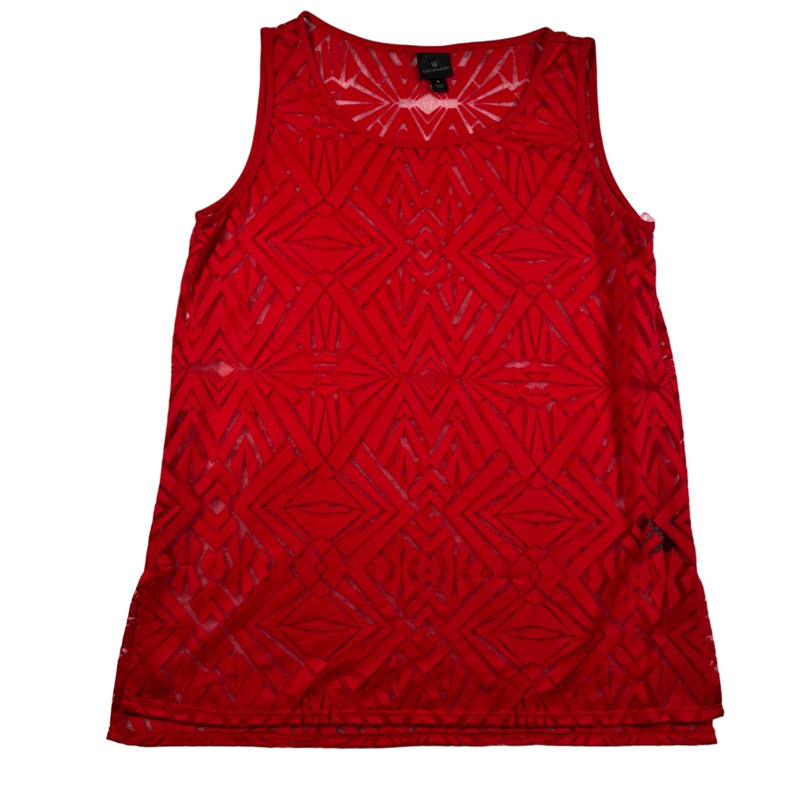 Worthington Top Women’s Sheer Tank Slit Thigh @ Sides Round Neck Red Medium