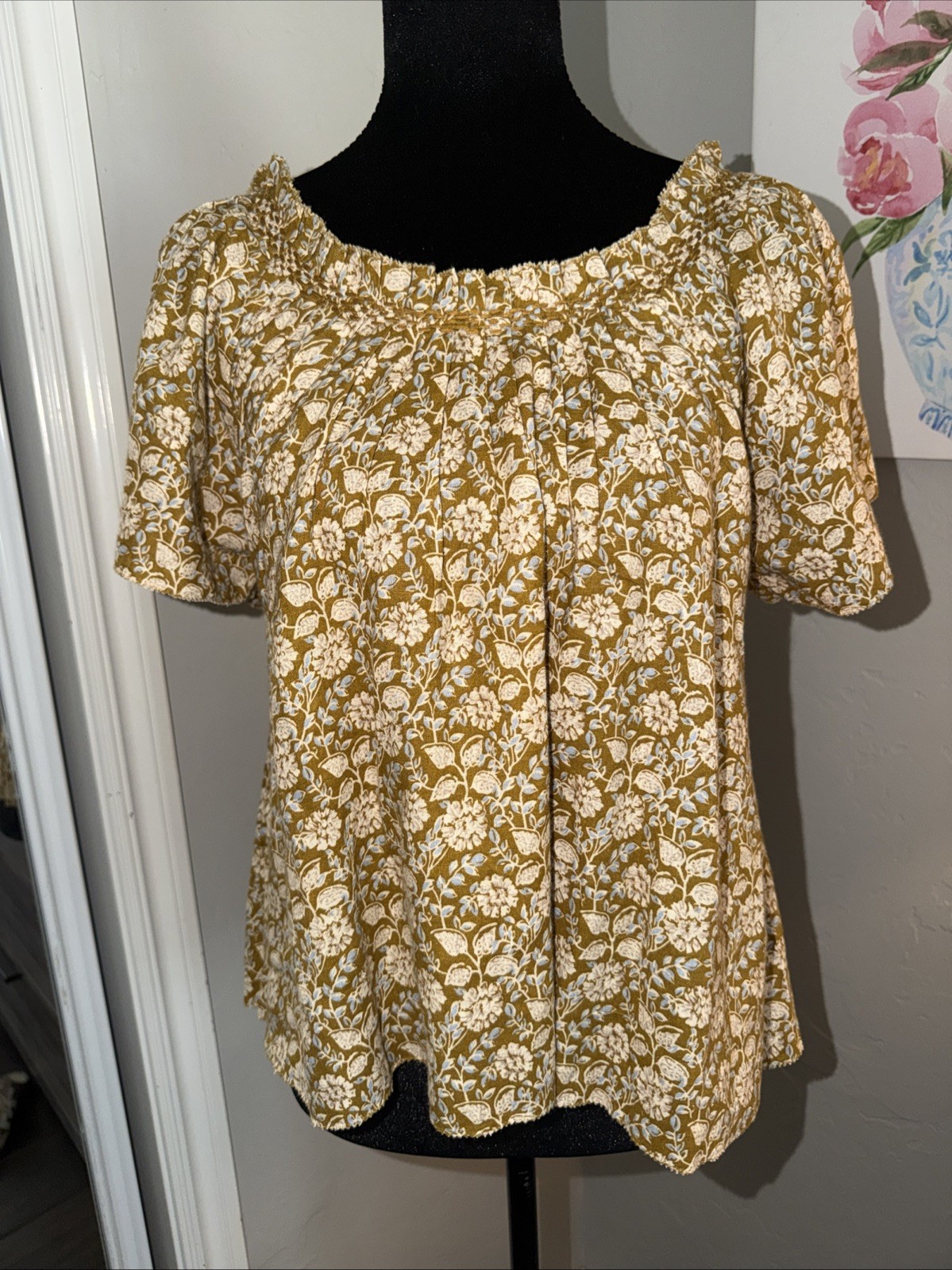 Faherty Annabelle Top Womens Xs Floral Linen Blend Short Sleeve Ruffle Read