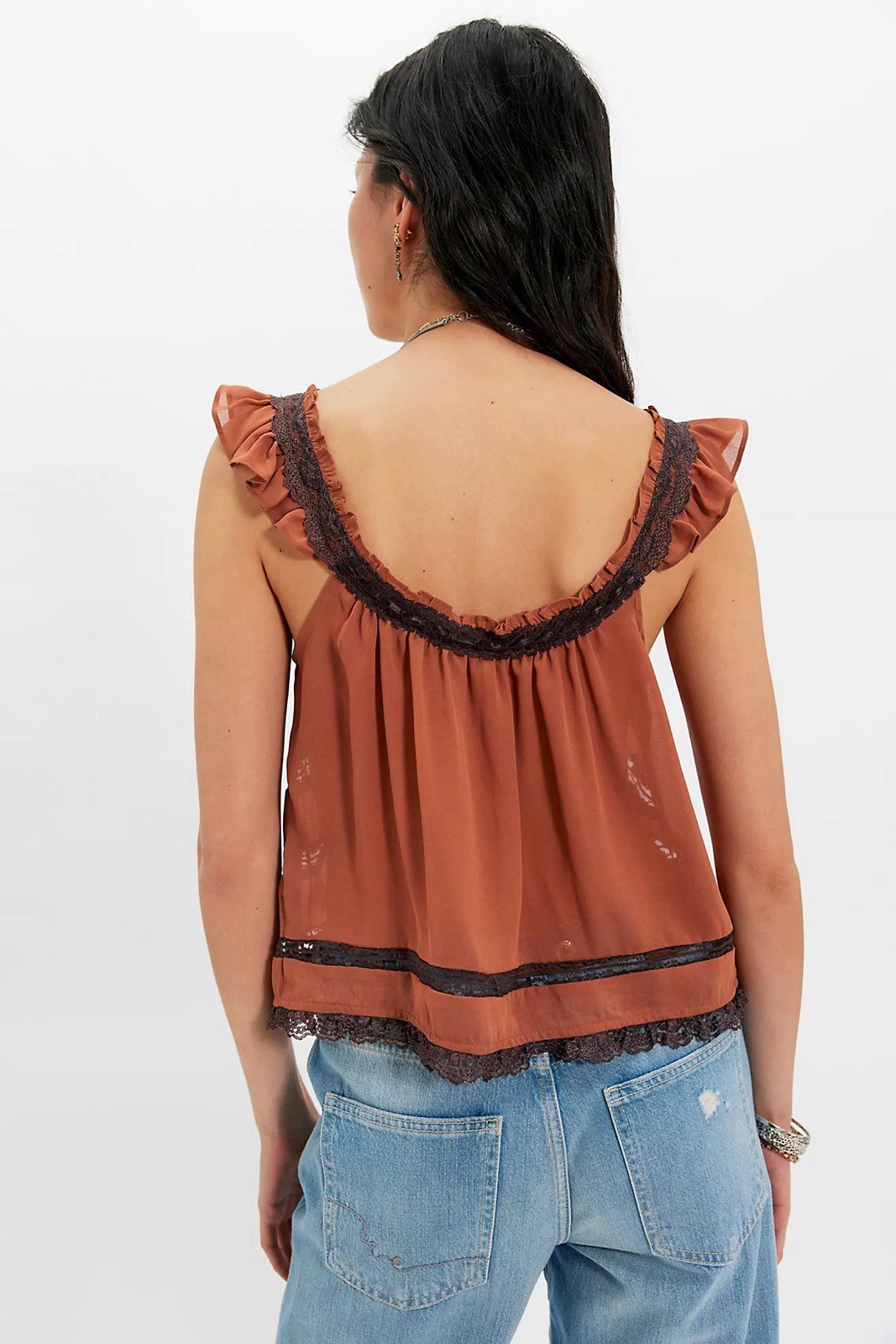Free People Lace Panel Ruffle Trim Mabel Cami Tank Top Button Front Medium Brown