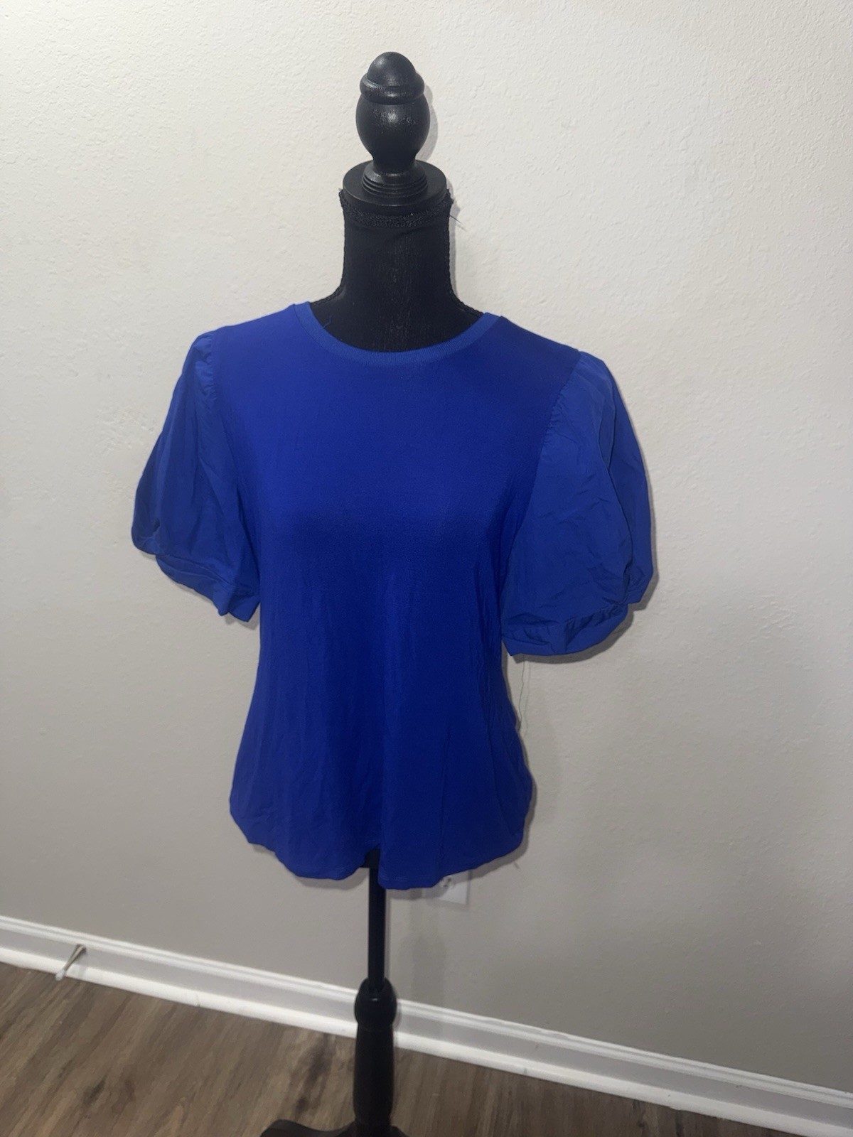 Skies Are Blue Puff Sleeve Blouse Size L Royal Blue Crew Neck Mixed Media Shirt