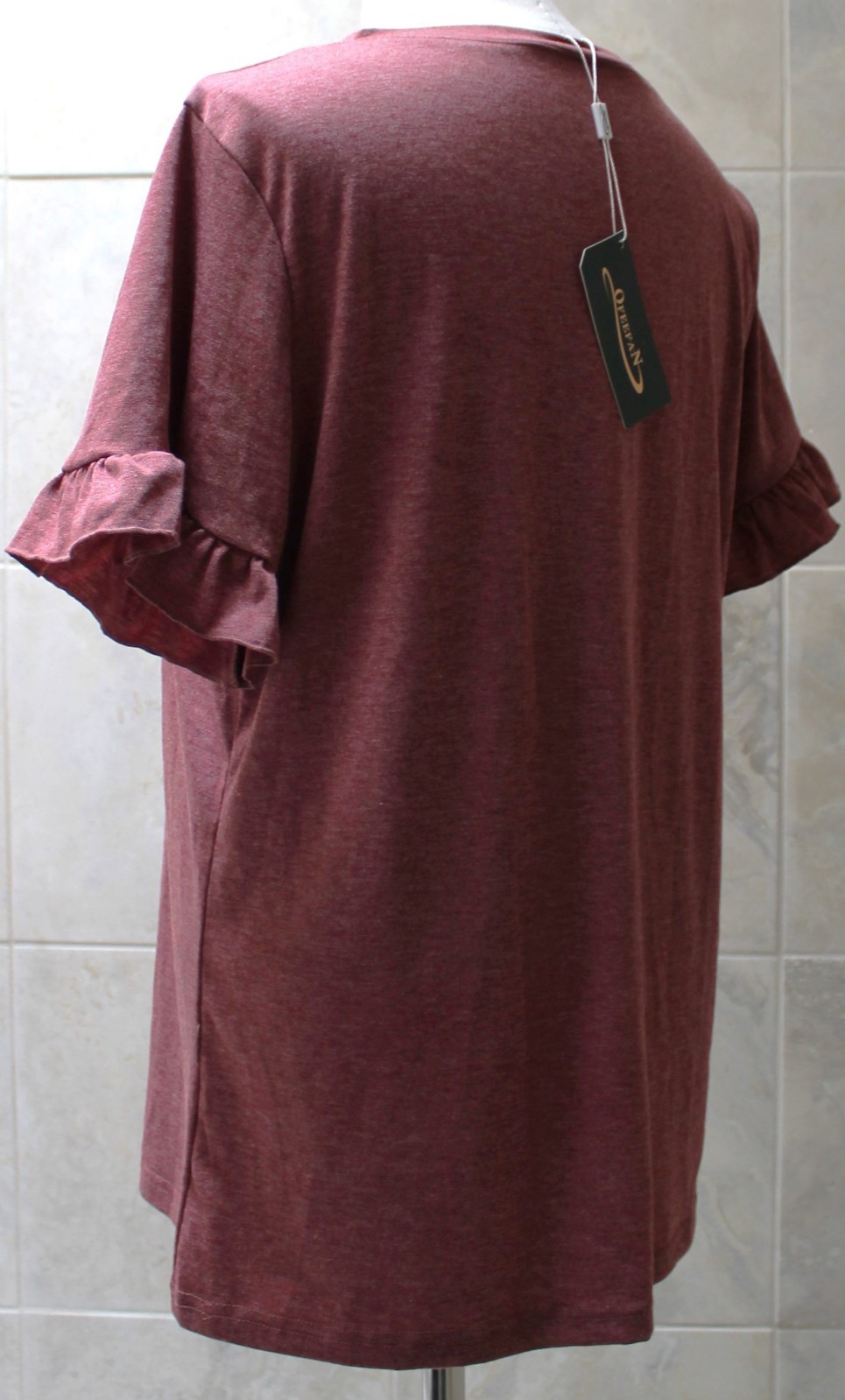 Nwt OFEEFAN sz L (chest 42″) Burgundy Jersey V-neck Short Sleeve Ruffle Cuff Top