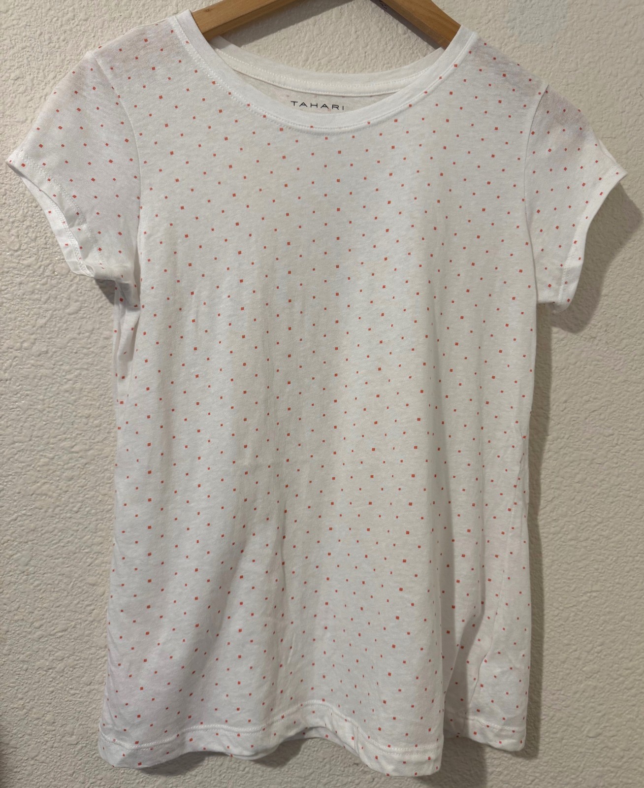 Tahari Essentials T-Shirt White W/ Pink Squares Cotton Blend Round Neck Size M