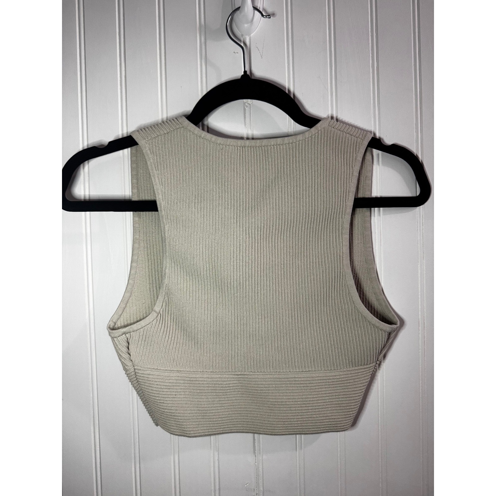 Babaton Sculpt Knit Tank Top Beige High Neck Ribbed Crop Top Small Womens