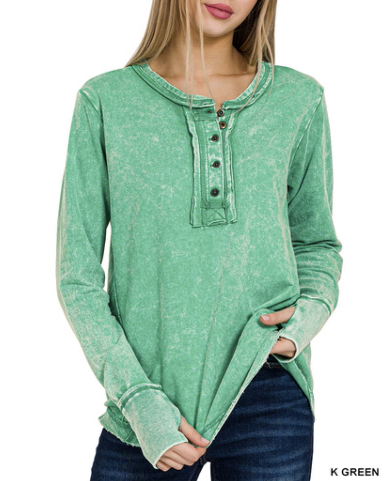 ZENANA 3319 Color Washed Henley Thumbhole top 100% CottonRaw Edge Exposed Seam