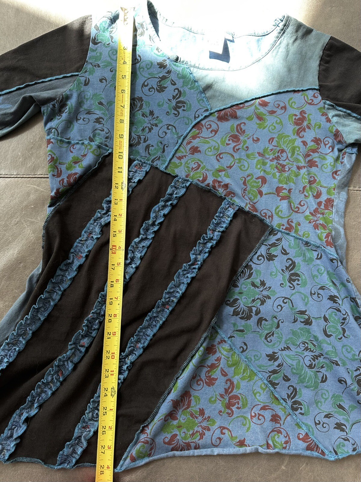 EUC Parsley & Sage Mixed Print Asymmetrical Top Lagenlook M Blue 100% Cotton