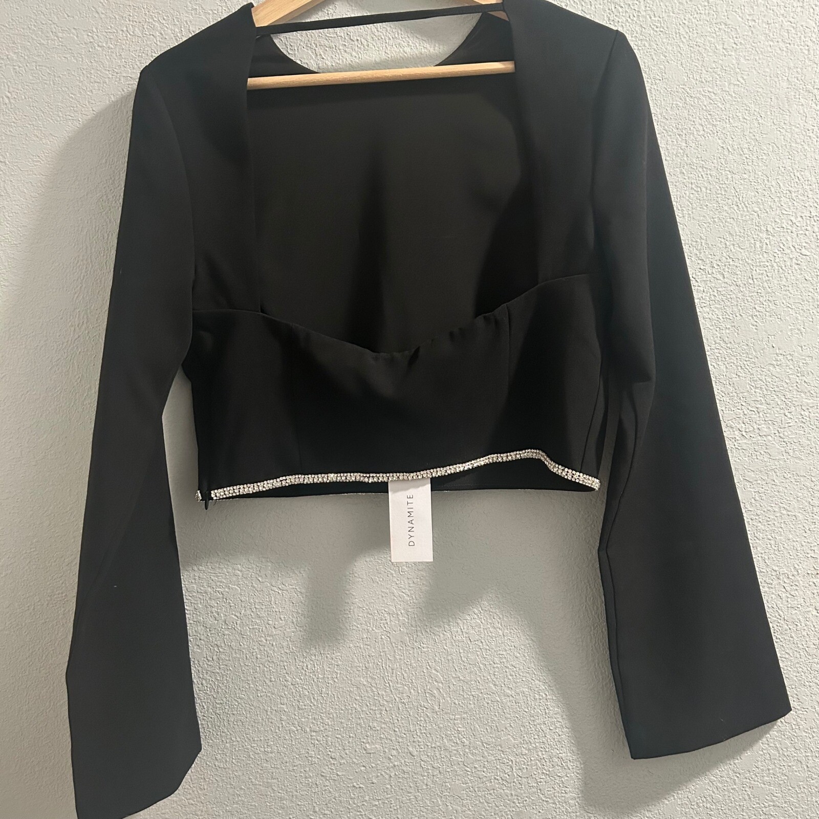 Dynamite Jet Black Long Sleeve Open Back Blouse Rhinestone Trim Cropped Top M