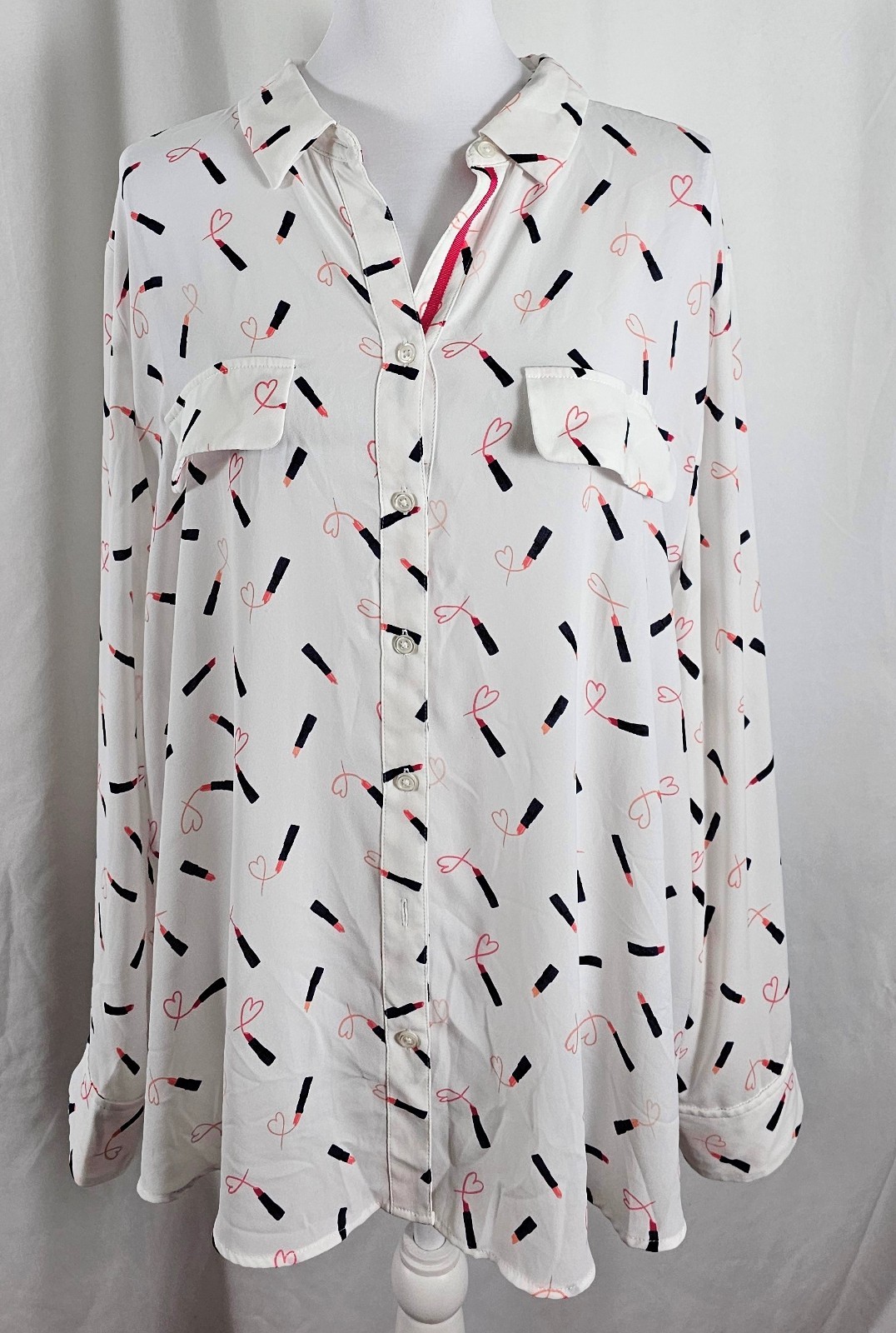 Chicos Womens Button Sheer Blouse White Red Black Lipsticks Polyester 2XL